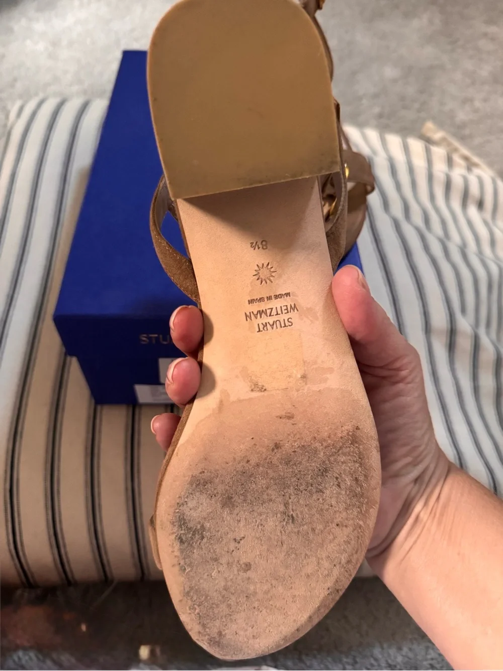 Stuart Weitzman Camel Suede Two-Strap Stacked Heel Sandals